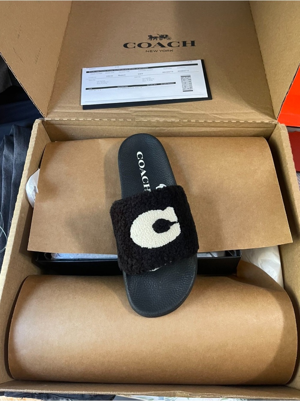 Coach Black Shearling Slide Sandal with White 'C' Accent